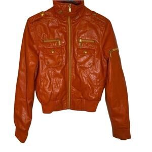 3/$30 Orange Faux Leather Bomber Jacket Zip Up Multi Pocket Moto Style Size M